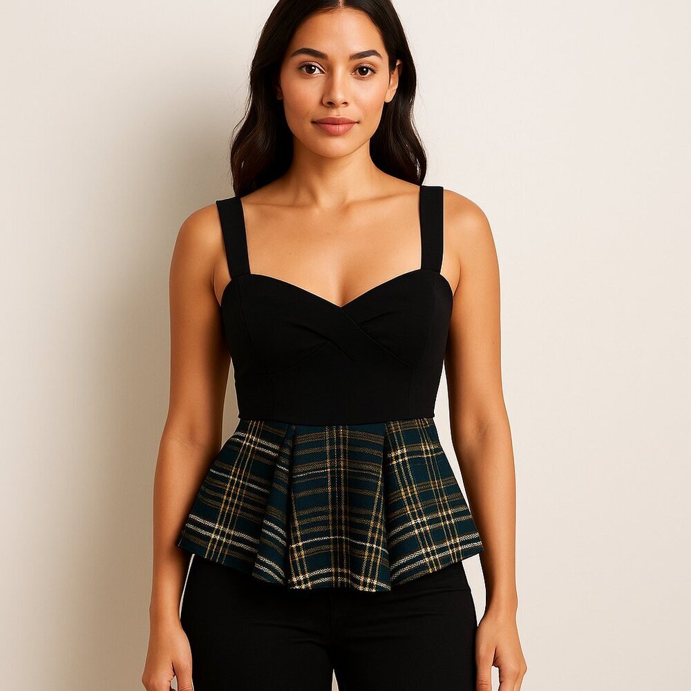 Anthro Deletta Nathalie Metallic Plaid Peplum Top Medium Black Gold Bustier Tank